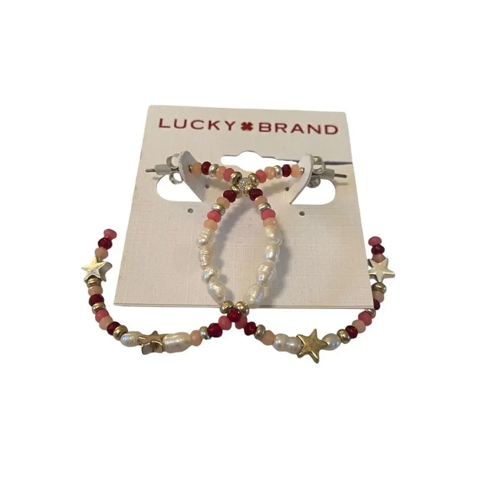 Beaded C Hoop Lightweight Earrings w/ Small Silver & Goldtone Stars.